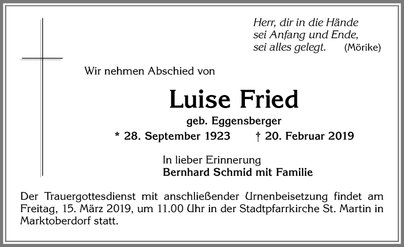 Traueranzeige von Luise Fried Eggensberger von Allgäuer Zeitung, Marktoberdorf