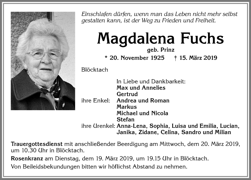 Traueranzeige von Magdalena Fuchs von Allgäuer Zeitung, Kaufbeuren/Buchloe