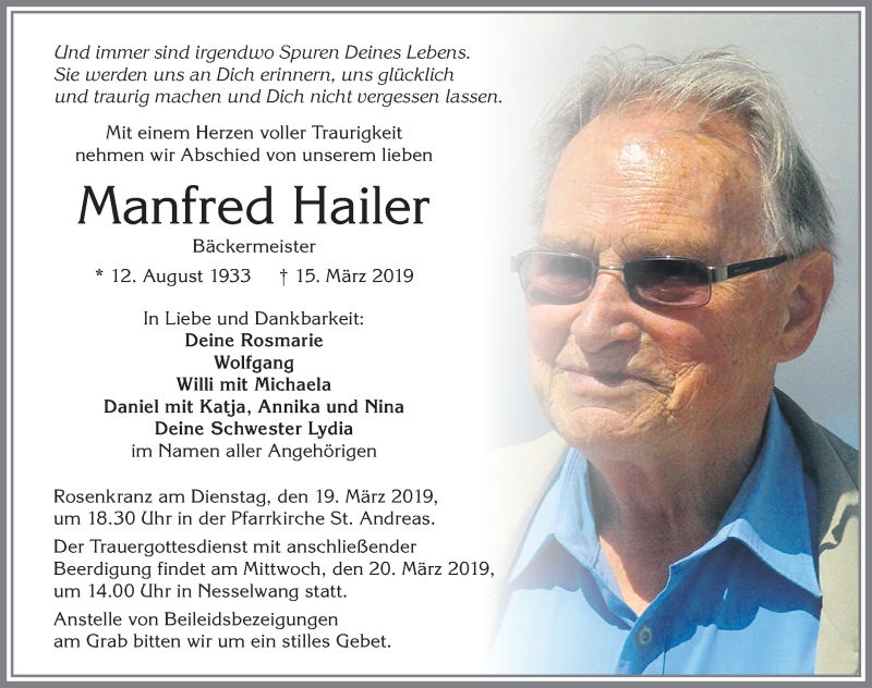 Traueranzeige von Manfred Hailer von Allgäuer Zeitung, Füssen