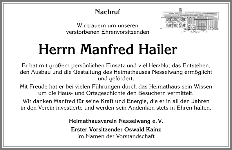 Traueranzeige von Manfred Hailer von Allgäuer Zeitung, Füssen