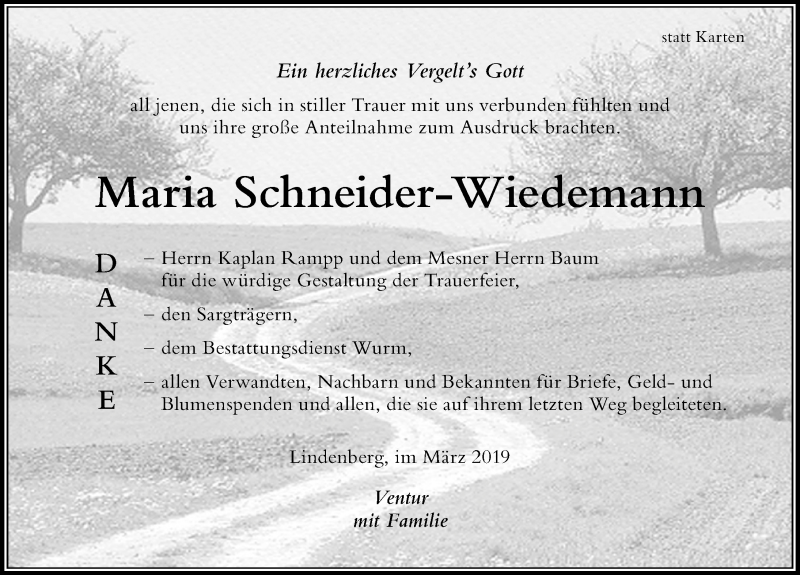 Traueranzeige von Maria Schneider-Wiedemann von Der Westallgäuer
