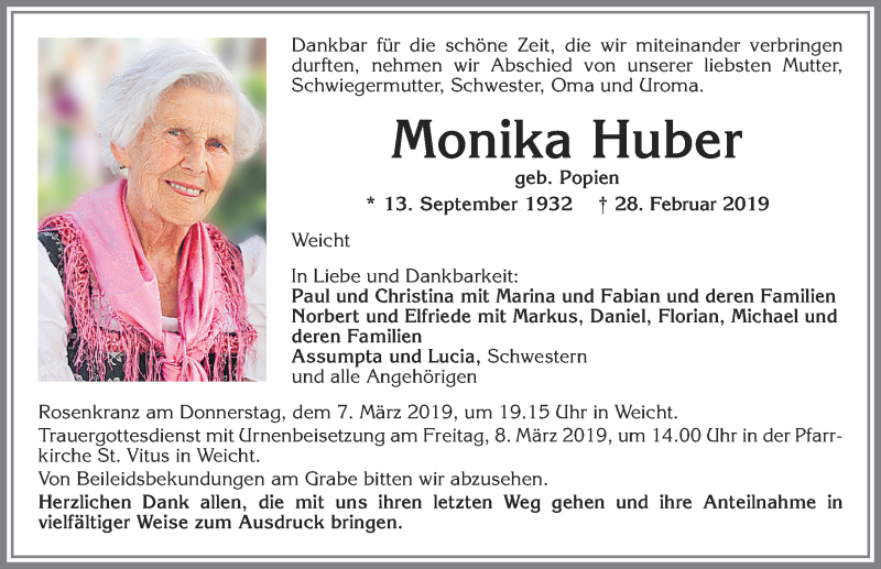 Traueranzeige von Monika Huber von Allgäuer Zeitung, Kaufbeuren/Buchloe