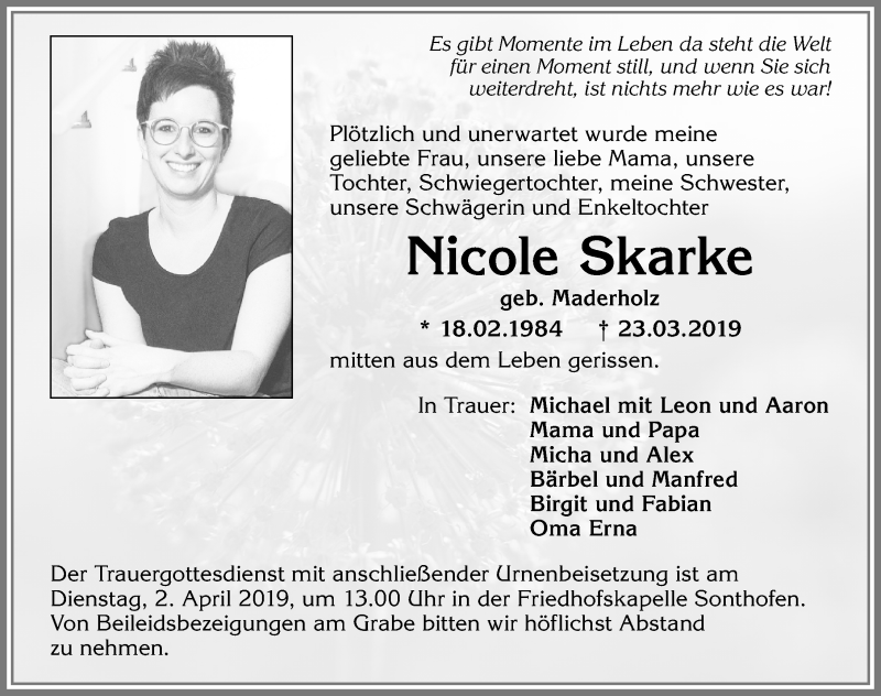 Traueranzeige von Nicole Skarke von Allgäuer Anzeigeblatt