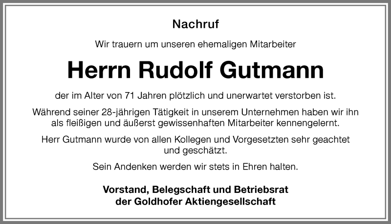 Traueranzeige von Rudolf Gutmann von Memminger Zeitung
