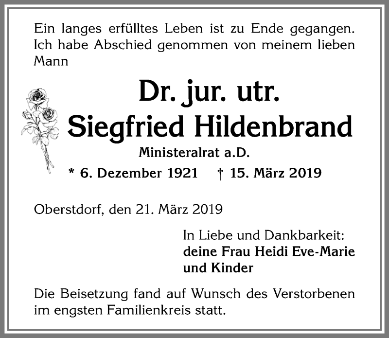 Traueranzeige von Siegfried Hildenbrand von Allgäuer Anzeigeblatt