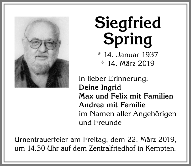 Traueranzeige von Siegfried Spring von Allgäuer Zeitung,Kempten