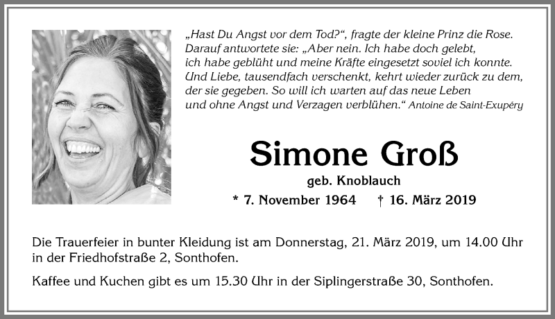 Traueranzeige von Simone Groß von Allgäuer Anzeigeblatt