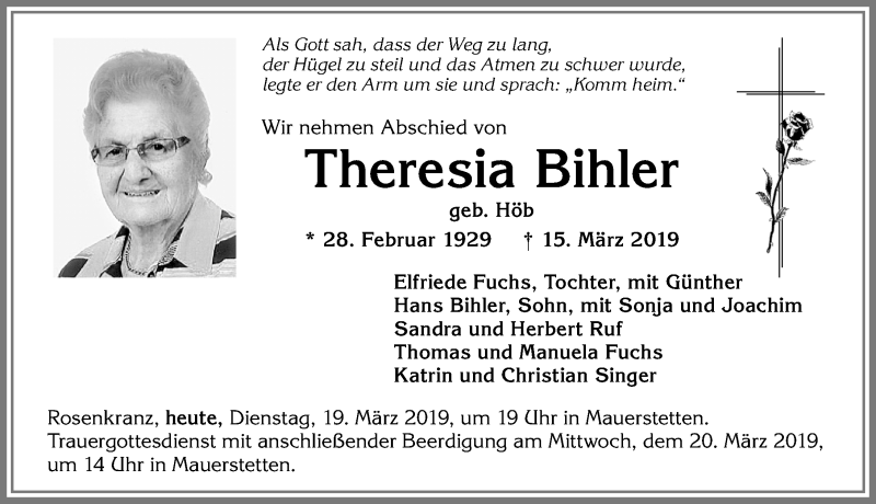 Traueranzeige von Theresia Bihler von Allgäuer Zeitung, Kaufbeuren/Buchloe