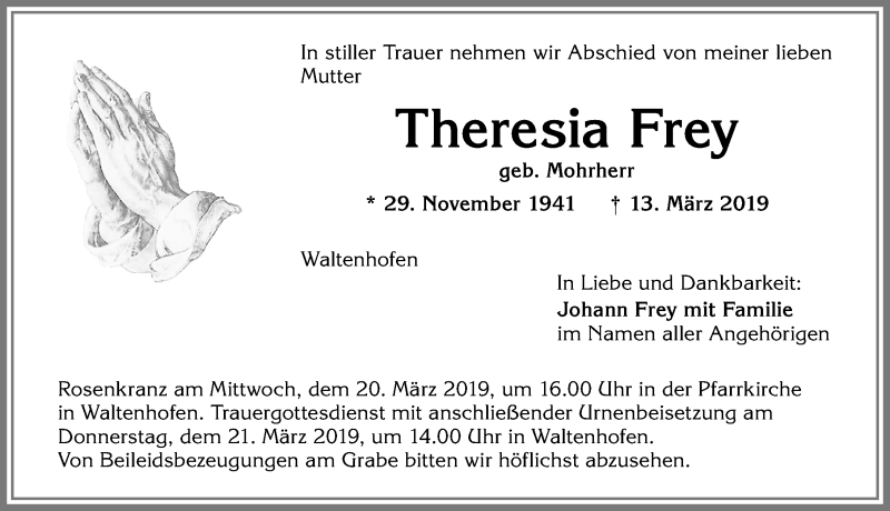 Traueranzeige von Theresia Frey von Allgäuer Zeitung,Kempten