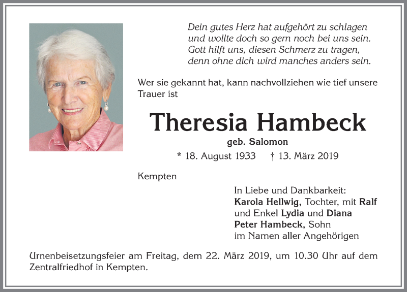 Traueranzeige von Theresia Hambeck von Allgäuer Zeitung,Kempten