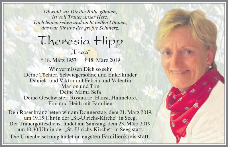 Traueranzeige von Theresia Hipp von Allgäuer Zeitung