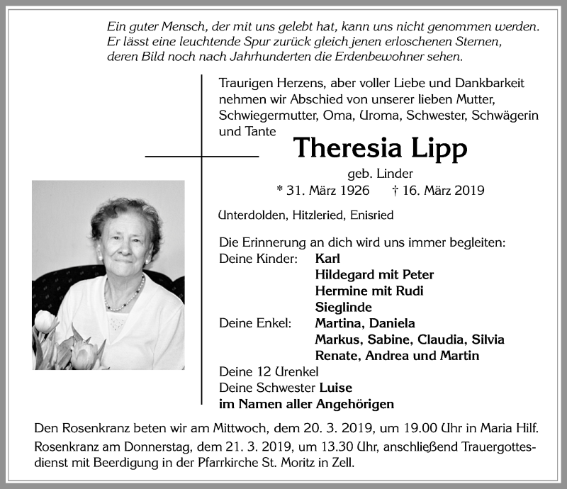 Traueranzeige von Theresia Lipp von Allgäuer Zeitung, Füssen