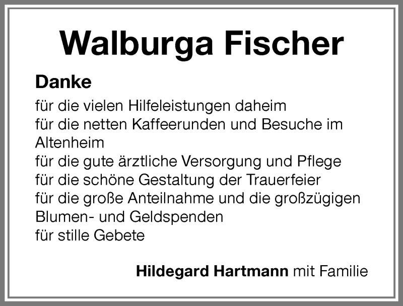 Traueranzeige von Walburga Fischer von Memminger Zeitung