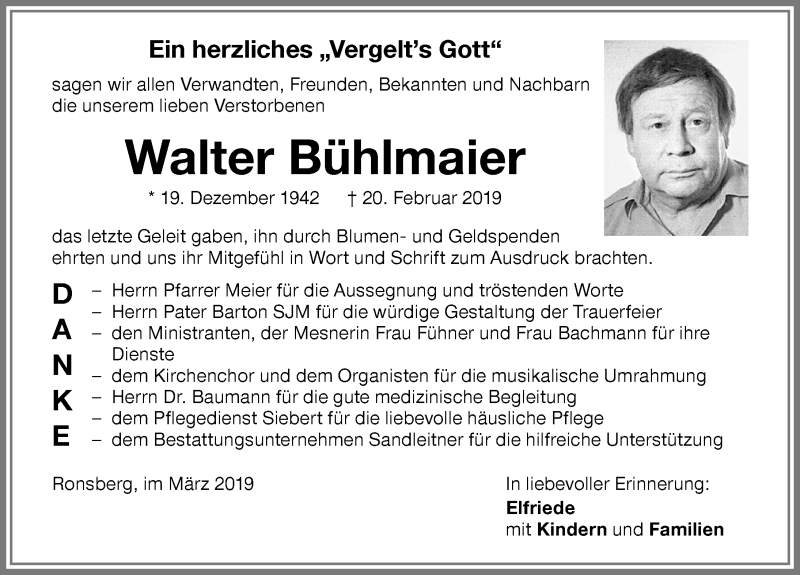Traueranzeige von Walter Bühlmaier von Allgäuer Zeitung, Marktoberdorf
