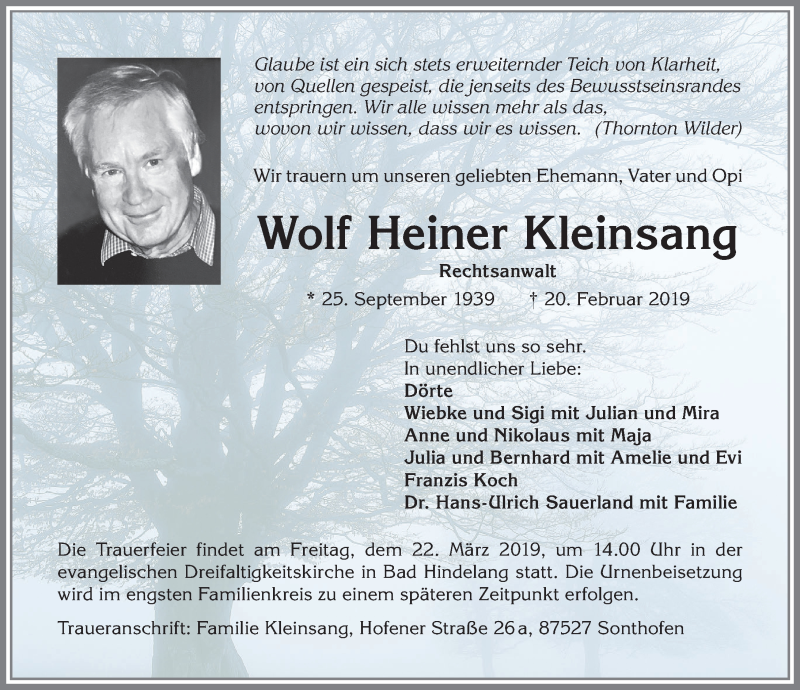 Traueranzeige von Wolf Heiner Kleinsang von Allgäuer Anzeigeblatt