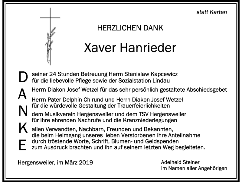 Traueranzeige von Xaver Hanrieder von Der Westallgäuer