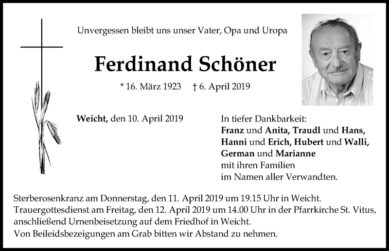 Traueranzeige von Ferdinand Schöner 