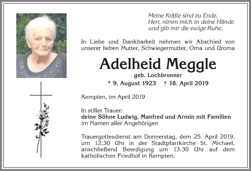 Traueranzeige von Adelheid Meggle von Allgäuer Zeitung,Kempten