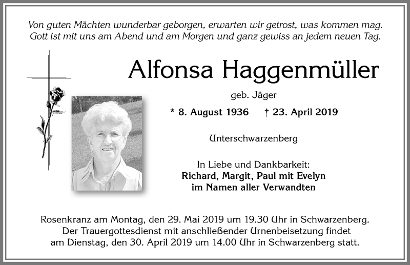 Traueranzeige von Alfonsa Haggenmüller von Allgäuer Zeitung,Kempten