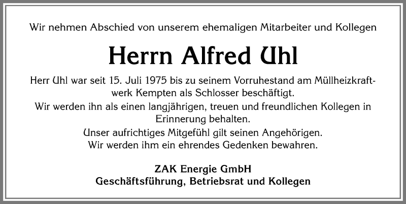 Traueranzeige von Alfred Uhl von Allgäuer Zeitung,Kempten