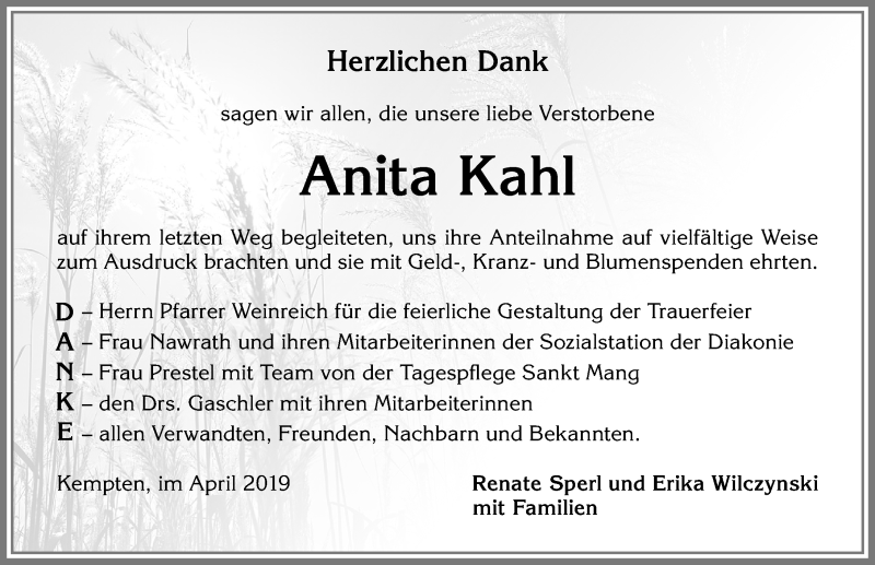 Traueranzeige von Anita Kahl von Allgäuer Zeitung,Kempten