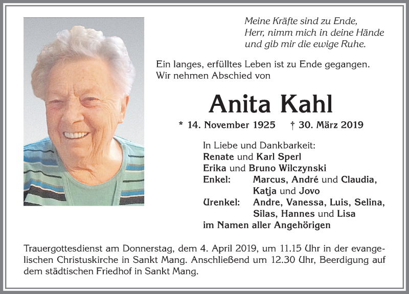 Traueranzeige von Anita Kahl von Allgäuer Zeitung,Kempten