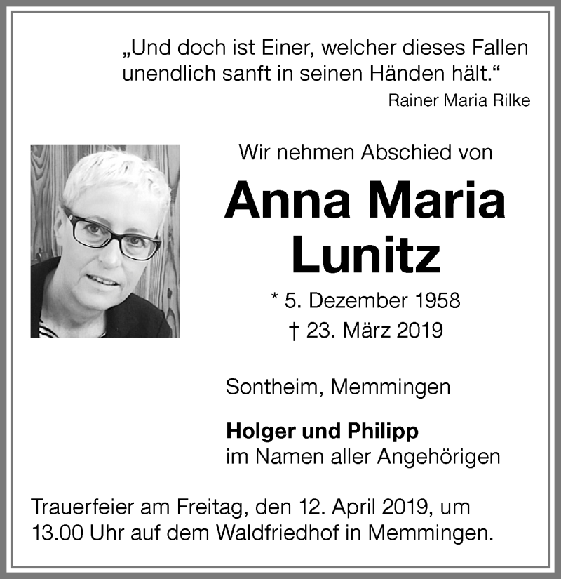 Traueranzeige von Anna Maria Lunitz von Memminger Zeitung