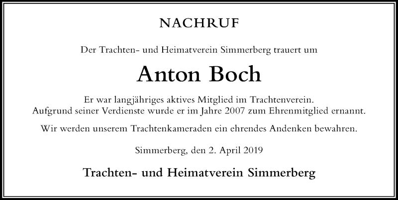 Traueranzeige von Anton Boch von Der Westallgäuer