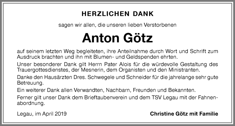 Traueranzeige von Anton Götz von Memminger Zeitung