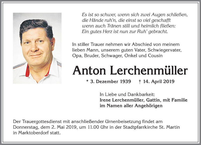 Traueranzeige von Anton Lerchenmüller von Allgäuer Zeitung, Marktoberdorf