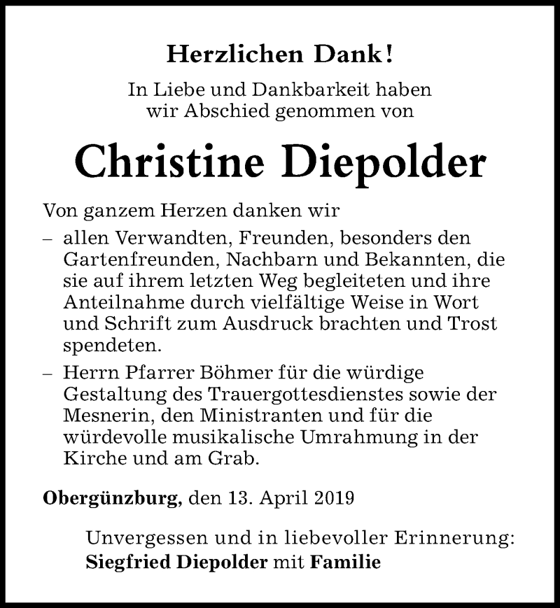 Traueranzeige von Christine Diepolder von Allgäuer Zeitung, Marktoberdorf