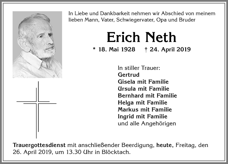 Traueranzeige von Erich Neth von Allgäuer Zeitung
