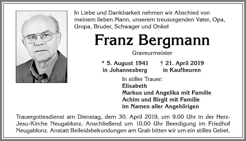 Traueranzeige von Franz Bergmann von Allgäuer Zeitung, Kaufbeuren/Buchloe