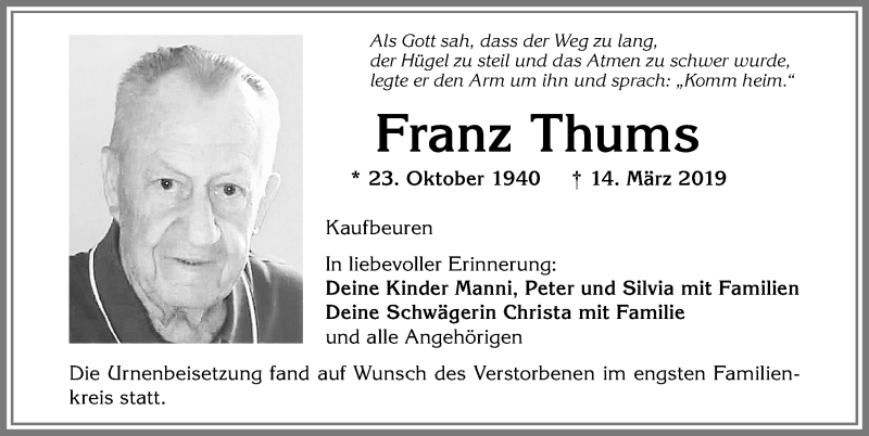 Traueranzeige von Franz Thums von Allgäuer Zeitung, Kaufbeuren/Buchloe