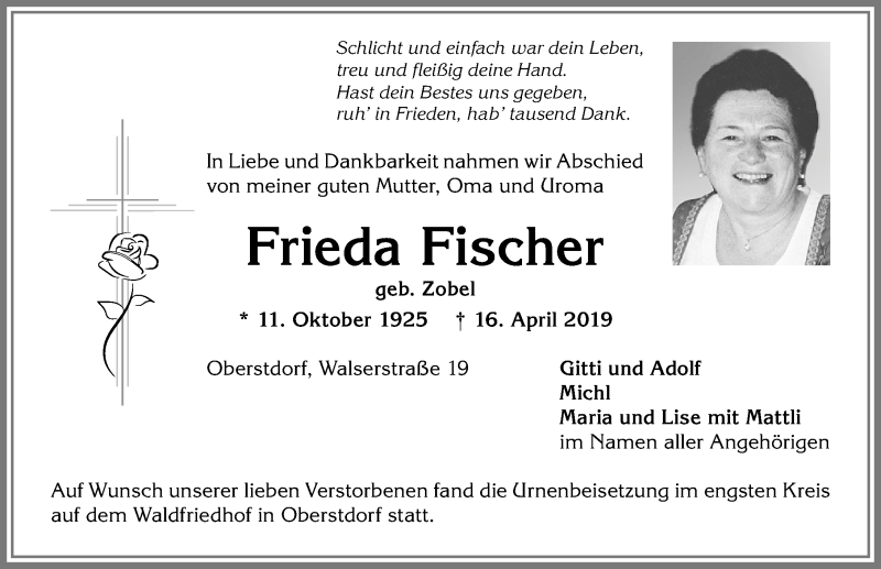 Traueranzeige von Frieda Fischer von Allgäuer Anzeigeblatt
