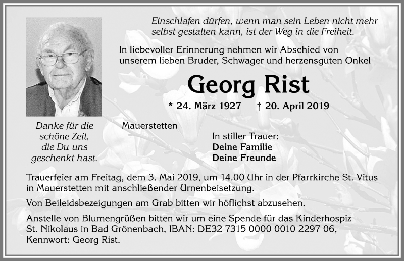 Traueranzeige von Georg Rist von Allgäuer Zeitung, Kaufbeuren/Buchloe