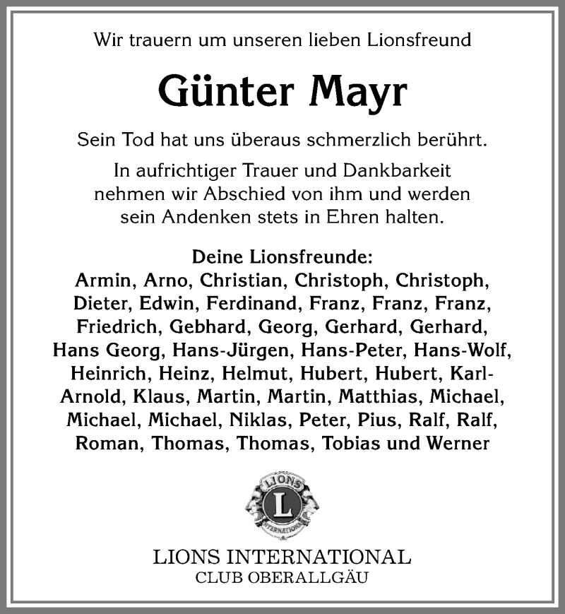 Traueranzeige von Günter Mayr von Allgäuer Anzeigeblatt