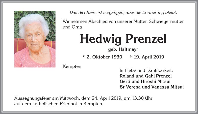 Traueranzeige von Hedwig Prenzel von Allgäuer Zeitung,Kempten