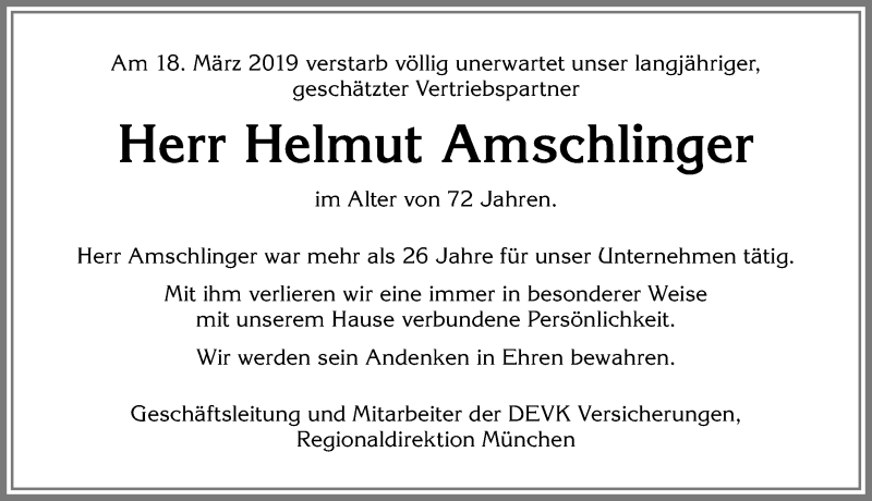 Traueranzeige von Helmut Amschlinger von Allgäuer Zeitung,Kempten