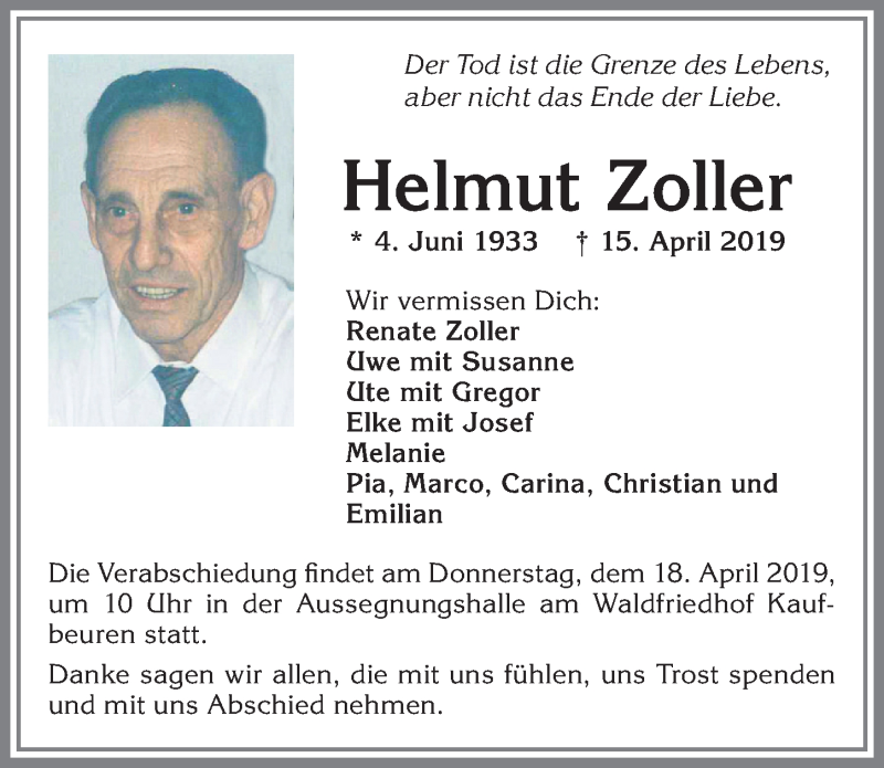 Traueranzeige von Helmut Zoller von Allgäuer Zeitung, Kaufbeuren/Buchloe