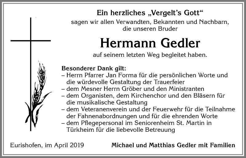 Traueranzeige von Hermann Gedler von Allgäuer Zeitung, Kaufbeuren/Buchloe