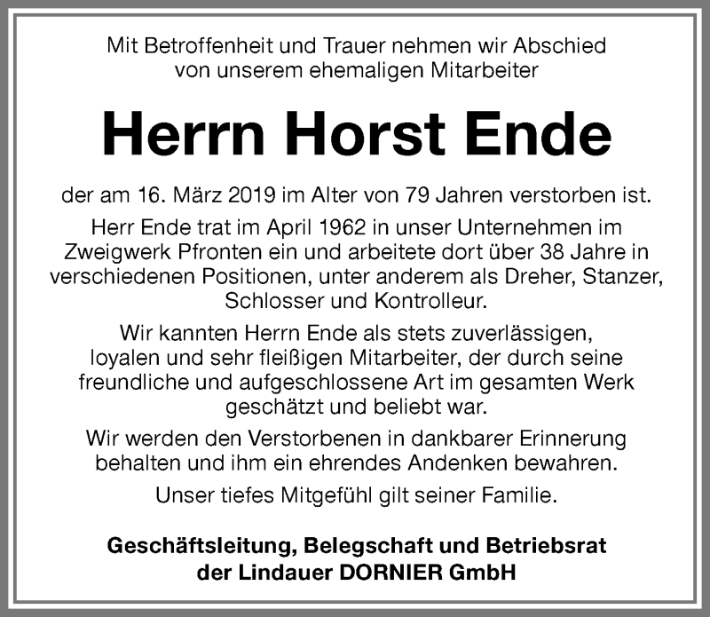 Traueranzeige von Horst Ende von Allgäuer Zeitung, Füssen