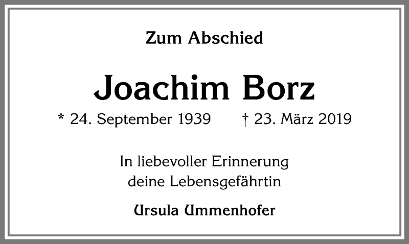 Traueranzeige von Joachim Borz von Allgäuer Zeitung,Kempten