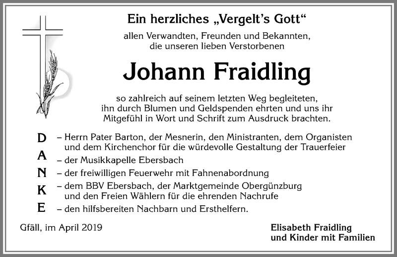 Traueranzeige von Johann Fraidling von Allgäuer Zeitung, Marktoberdorf
