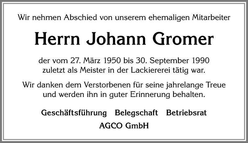 Traueranzeige von Johann Gromer von Allgäuer Zeitung, Marktoberdorf