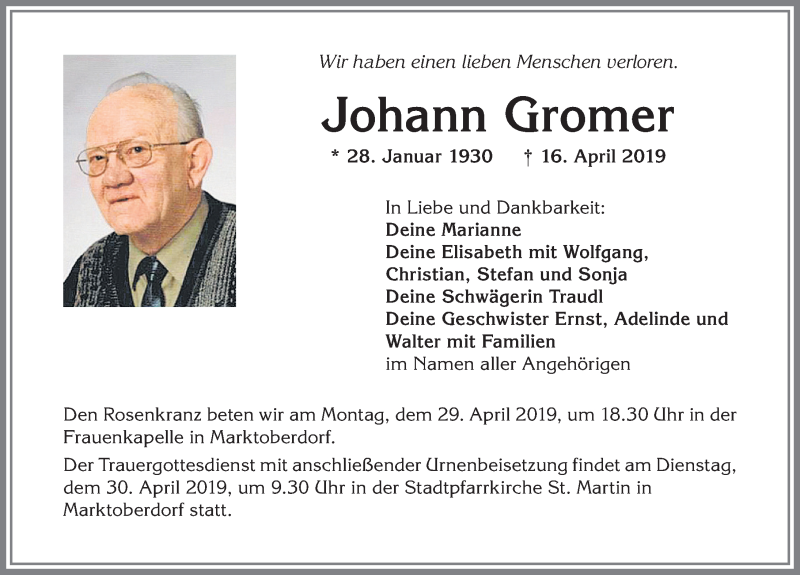 Traueranzeige von Johann Gromer von Allgäuer Zeitung, Marktoberdorf