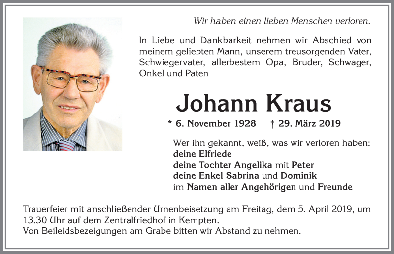 Traueranzeige von Johann Kraus von Allgäuer Zeitung,Kempten