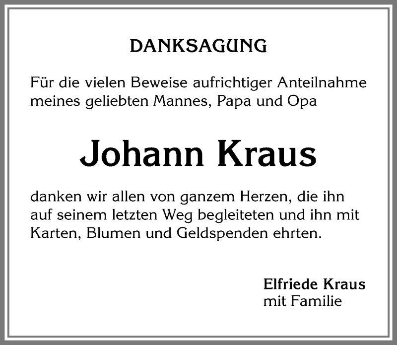 Traueranzeige von Johann Kraus von Allgäuer Zeitung,Kempten