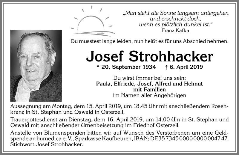 Traueranzeige von Josef Strohhacker von Allgäuer Zeitung, Kaufbeuren/Buchloe