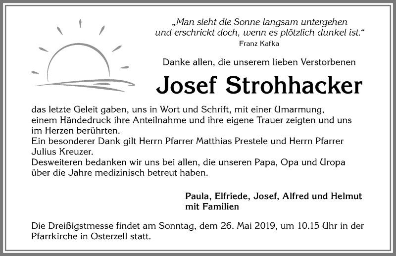 Traueranzeige von Josef Strohhacker von Allgäuer Zeitung, Kaufbeuren/Buchloe